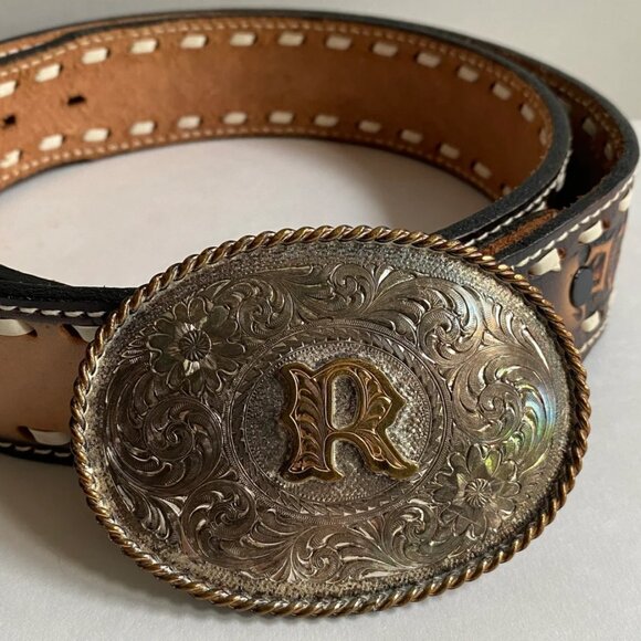 Montana Silversmiths Buckle Initialed With The Letter 'R' & Hand Tooled Leather - Picture 1 of 6